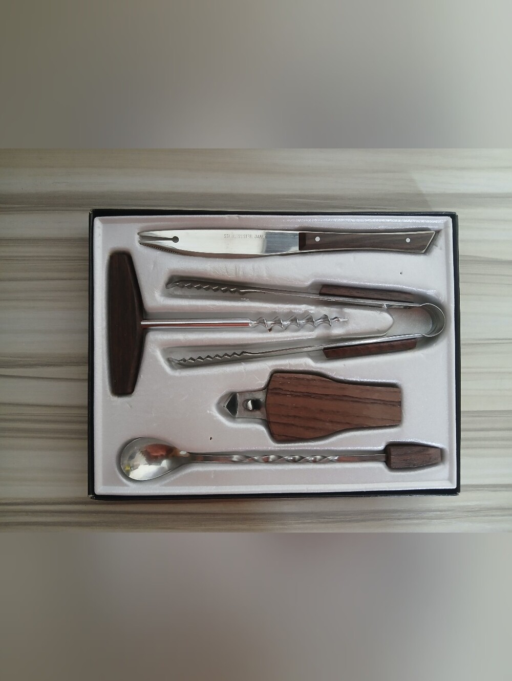 Vtg Mid-Century Modern Stainless Steel Rosewood 5 Piece Bar Set in Box Japan - Picture 6 of 9